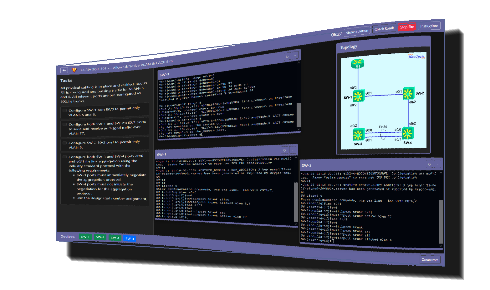 CCNA 200-301 hands-on lab with configuration tasks, network topology, and multiple command-line consoles