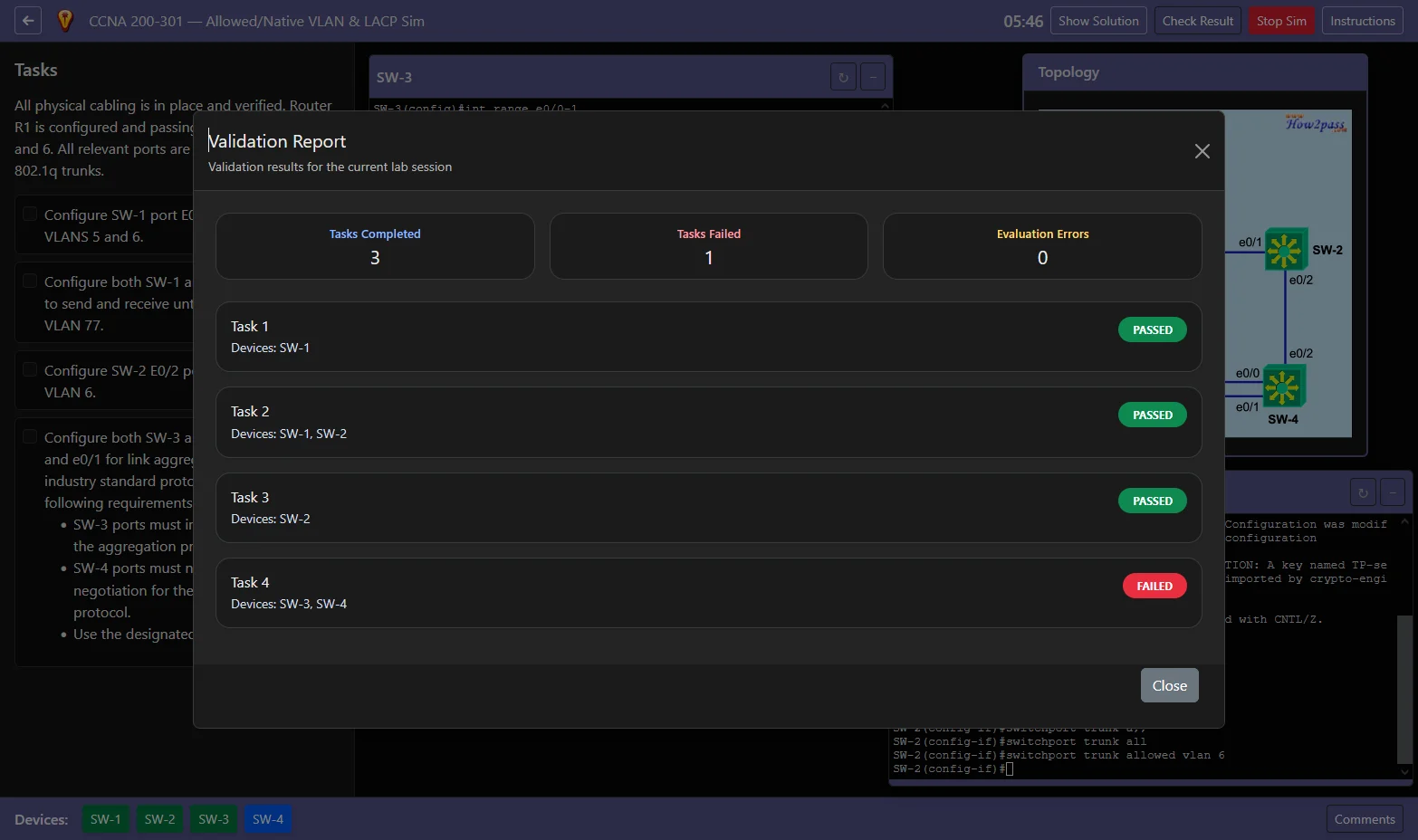 CCNA lab simulation validation report showing passed and failed configuration tasks